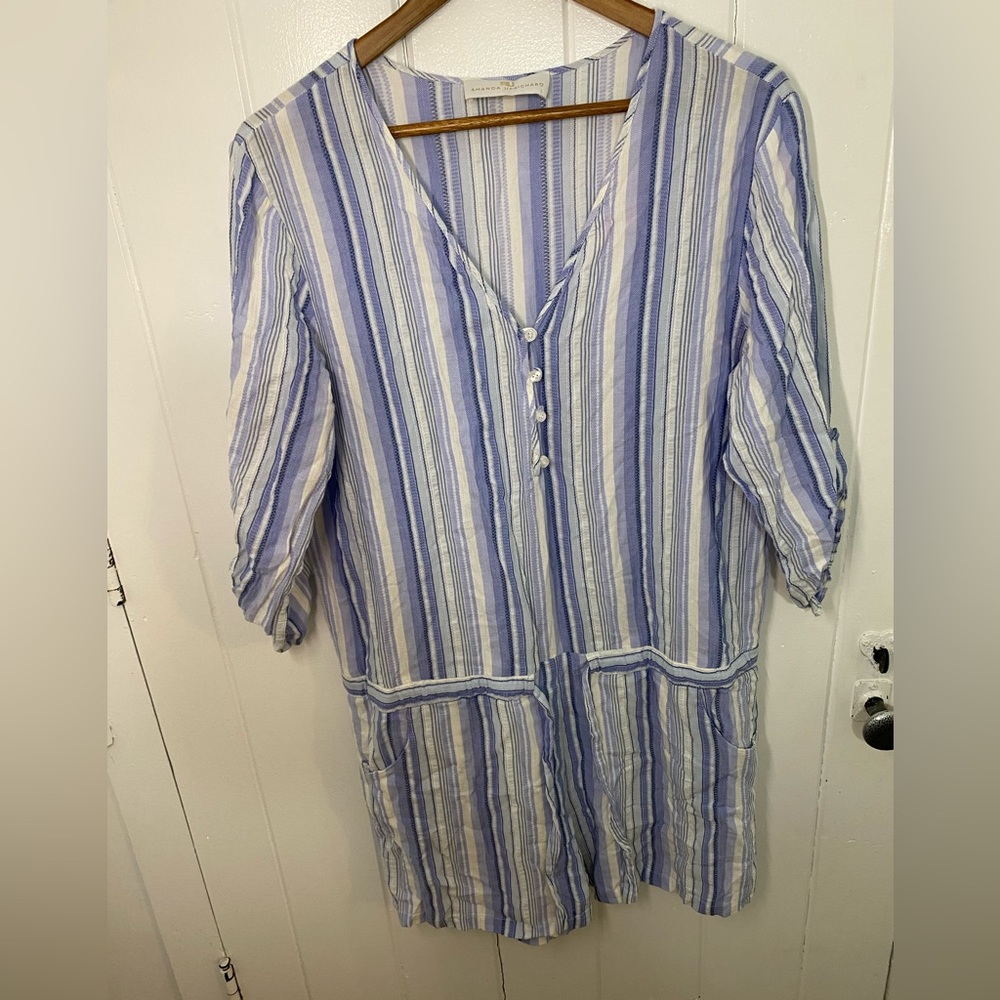 Amanda‎ Uprichard Blue White Striped Short Jumpsuit Size L Large Has Flaws